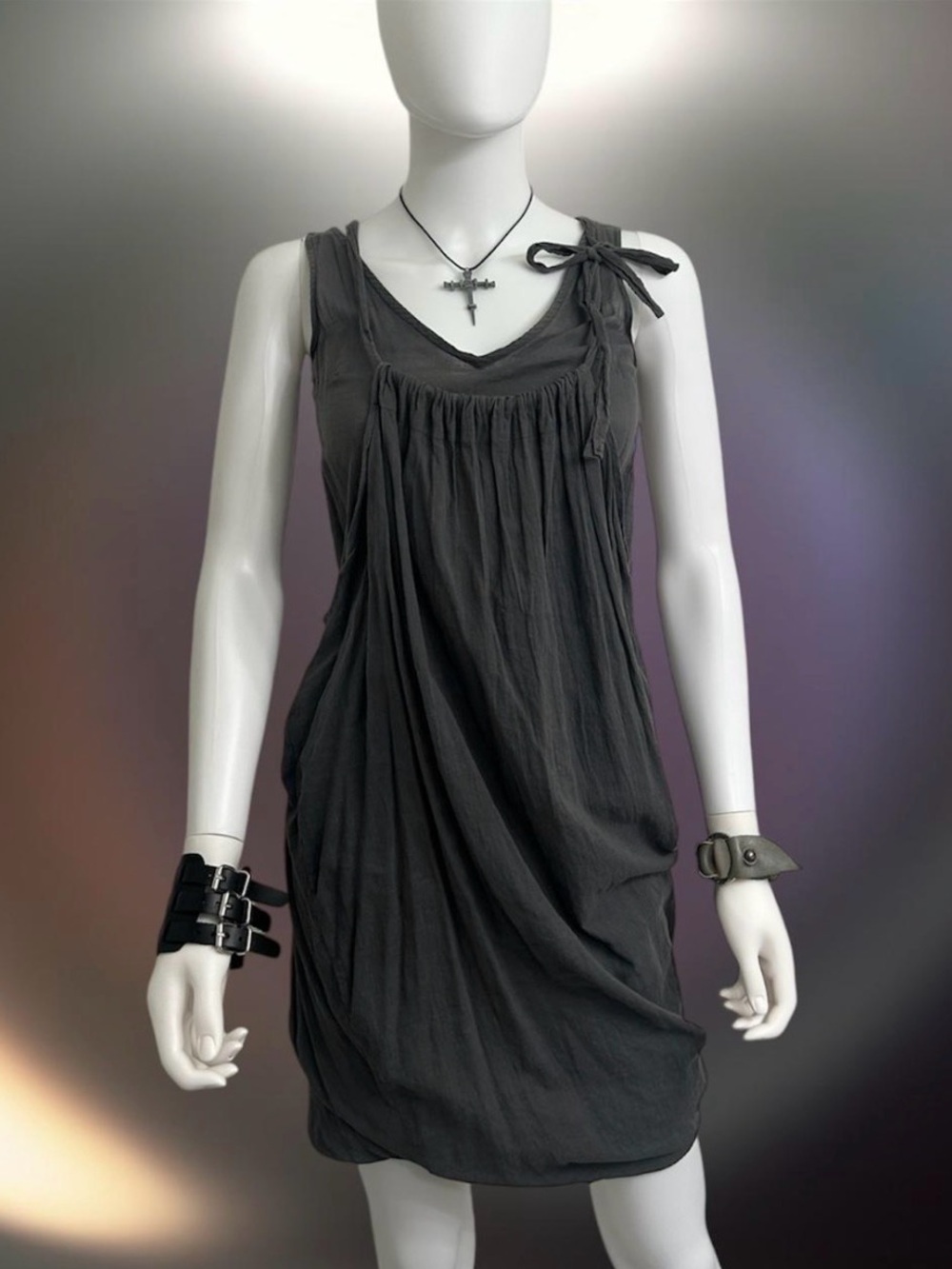 Alternative Charcoal Gray Tie-Shoulder Mini Dress
